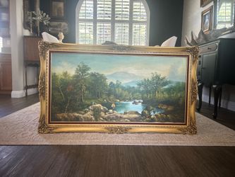 Large Vintage Landscape Painting in Ornate Gold Frame