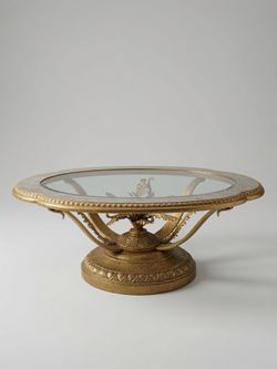 Heavy Gold Metal Pedestal Coffee Table – Glass Top + Tessellated Stone Rim
