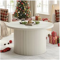 ONBRILL 31.5" Round Coffee Table, Tambour Design Coffee Tables for Living Room, Mid Century Modern Wood Coffee Table, Drum Accent Small Center Table, 