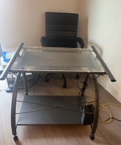 Computer desk , chair and hanging file rack.