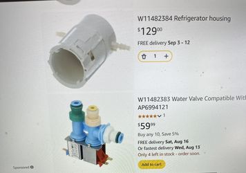 Whirlpool water, inlet valve assembly, and refrigerator housing for water filter dispenser model numbers W11482383 and model number W11482384f