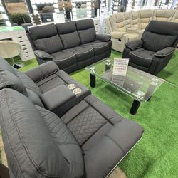 Black 3Pcs Living Room Recliner Set / Juego de 3 piezas reclinable negro para la sala de estar