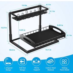 Under Sink Organizer, 2 Tier L-Shaped Bathroom Kitchen Organizers and Storage, Pull Out Sink Cabinet Drawer Shelf Pantry Organizer and Storage, Black