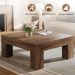 39.4-Inch Square Coffee Table for Living Room, Farmhouse All MDF Accent Center Cocktail Table with Sturdy Wooden Legs, Easy Assembly, Rustic Brown