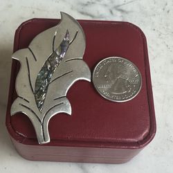 Vintage 925 Sterling Silver, Large Leaf Brooch W/ Abalone Inlay, Hallmarked Mexico 🇲🇽 925 , W/ Eagle 3,  