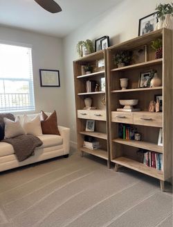 Mid-Century Modern Light Wood Bookcase with Drawers