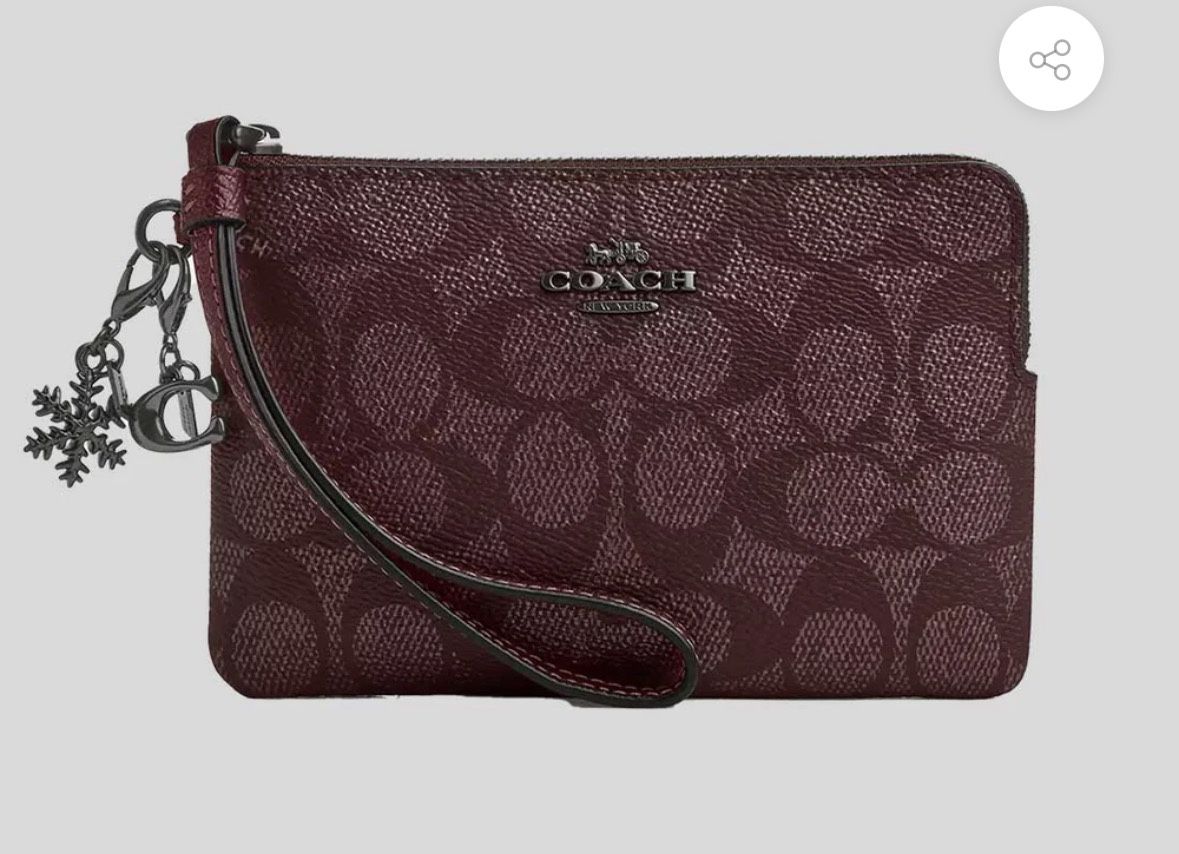 COACH Boxed Corner Zip Wristlet In Signature Canvas With Charms Wine Multi CW958