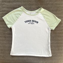 H&M Girls 16/18 Venice Beach T-Shirt Cotton Jersey Raglan Crop Tee Cream Green