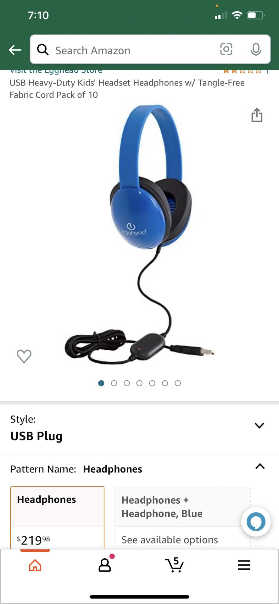 USB Heavy-Duty Kids' Headset Headphones w/ Tangle-Free Fabric Cord Pack of 10