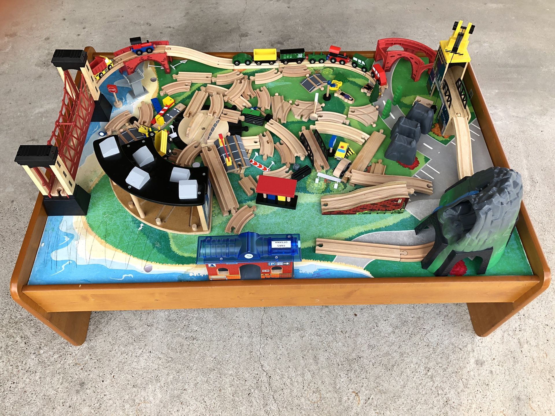 Wooden train table with train set