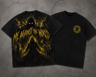 Graphic Print T-Shirt "ME AGAINST THE WORLD" Black Crew Neck Short Sleeve