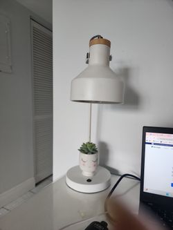 White Metal Desk Lamp with Wood Accent