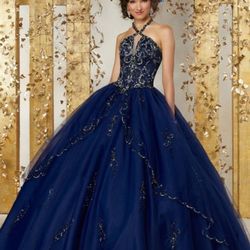$500. New Vizcaya by Mori Lee 89224  long Quinceanera Ballgown Navy  Size 14 Msrp $955. Stock photo below
