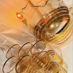 Antique Fine Art Clear Glass Original Vintage 6 Glasses Gold Striped Deco Style