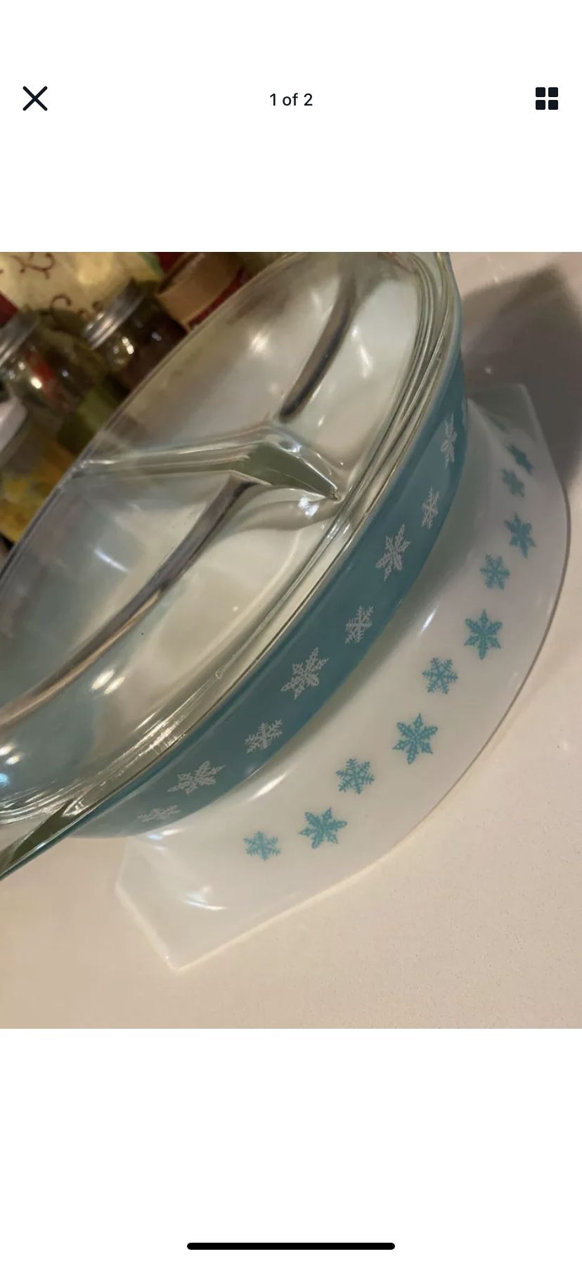 Vintage Pyrex Divided Casserole Dish 1 1/2 Qt White with Blue Snowflakes and Lid