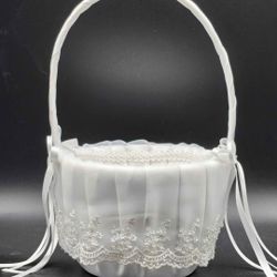 Satin Lace & Ribbon Embroidered Flower Girl Wedding Basket AND Glitter Flower Petals