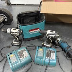 Makita Set Of 2 Cordless Power Drills + Cutting Tool + Drill Bits