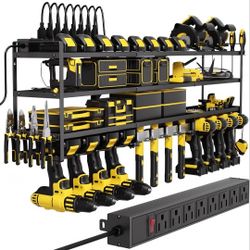 Brand New Power Tool Organizer Wall Mount with Charging Station, Cordless Tool Organizer, 12 Drill Holders 4-Tier Heavy Duty Drill Rack with 8-Outlet 