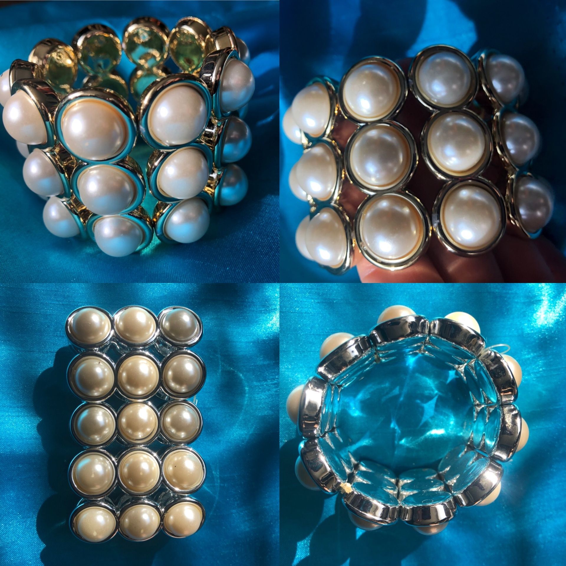 Three Row Pearl Gold Accent Stretch Bracelet Statement Bold Costume Jewelry