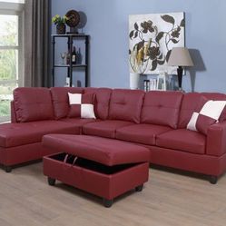 Red Leather Sectional With Ottoman 