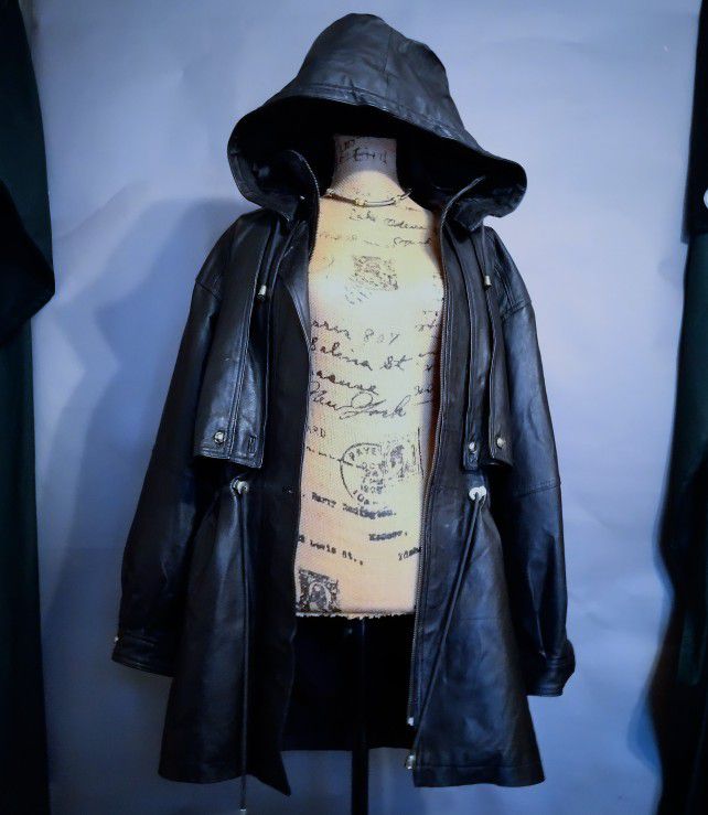 High Quality Black Leather Hooded Jacket Trench Coat