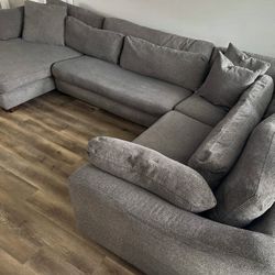 Potato Barn Oversized Plush Down Feather Chaise Sectional, Gray Basketweave Performance Fabric