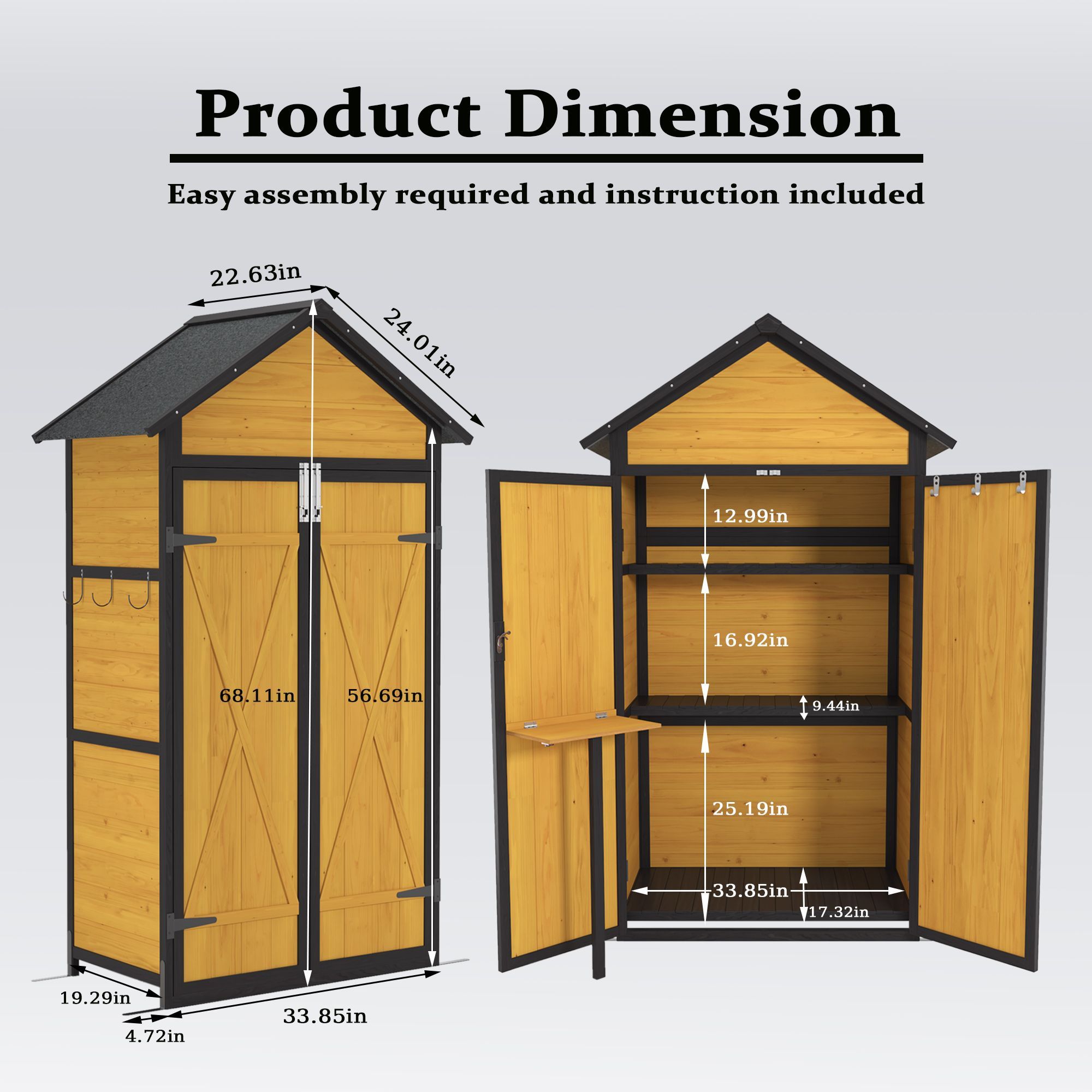 Outdoor Storage Cabinet Weatherproof Wood Storage Shed with Waterproof Roof Lockable Doors Removable Shelves Foldable Table Hooks 69 Inches Garden Too
