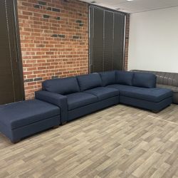 Blue Fabric Sectional Sofa Couch with Ottoman