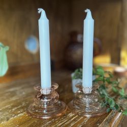 Vintage pink depression glass candlestick holders