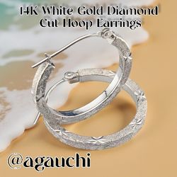 14K White Gold Diamond Cut Hoop Earrings 💍🤍