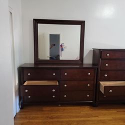 Matching Dark Wood Bedroom Set – Dresser + Mirror + Tall Chest