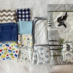 Bundle Of Blankets, Towel, Crib Sheets For Baby Boy