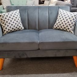 Brand New 60" Gray Velvet Midcentury Modern Loveseat
