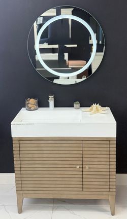 36" Freestanding Whitewashed Walnut Bathroom Vanity w/ Infinity Sink