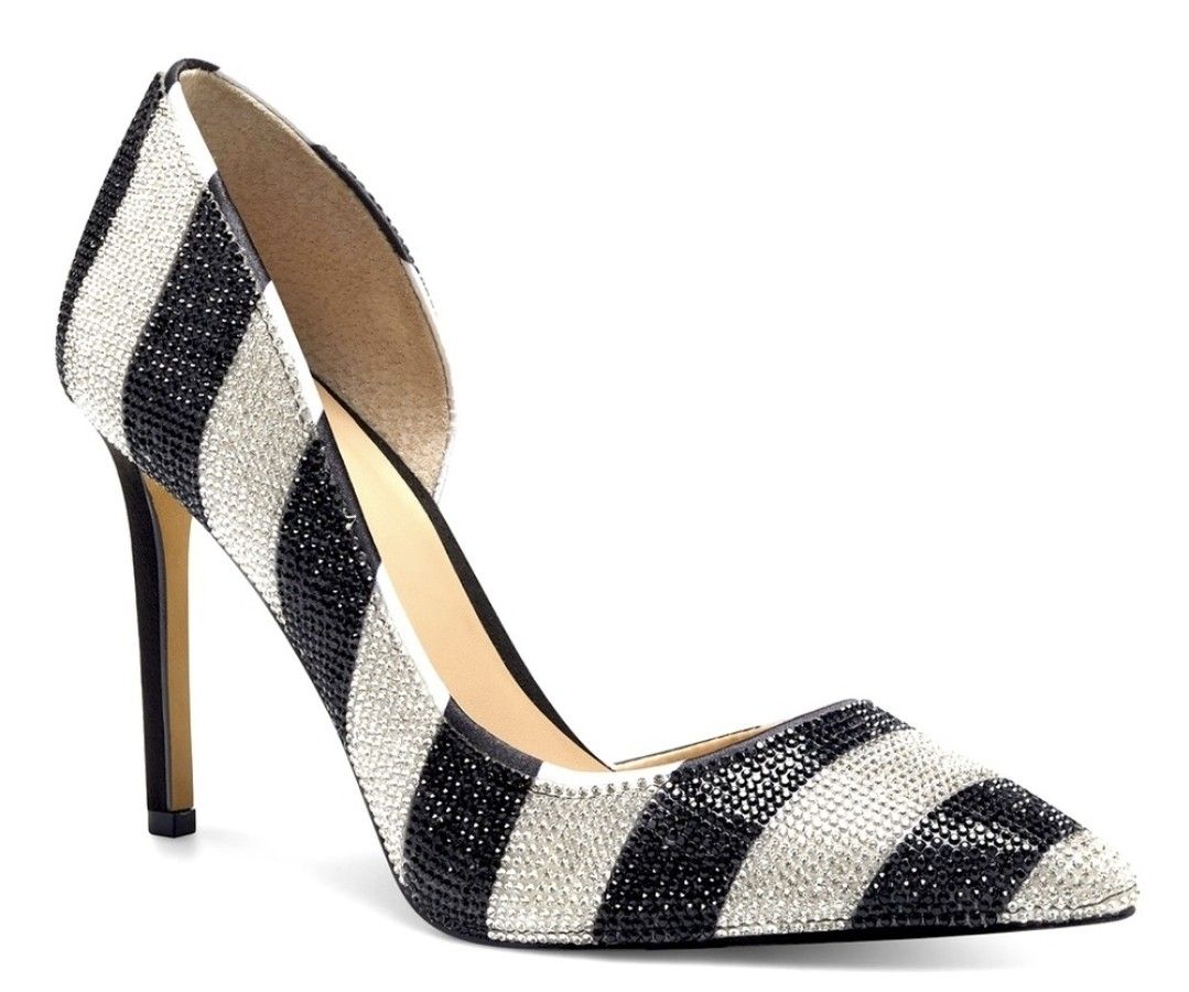 INC Sparkling Black & White Diamond-Rhinestone Striped Heels (EUC)