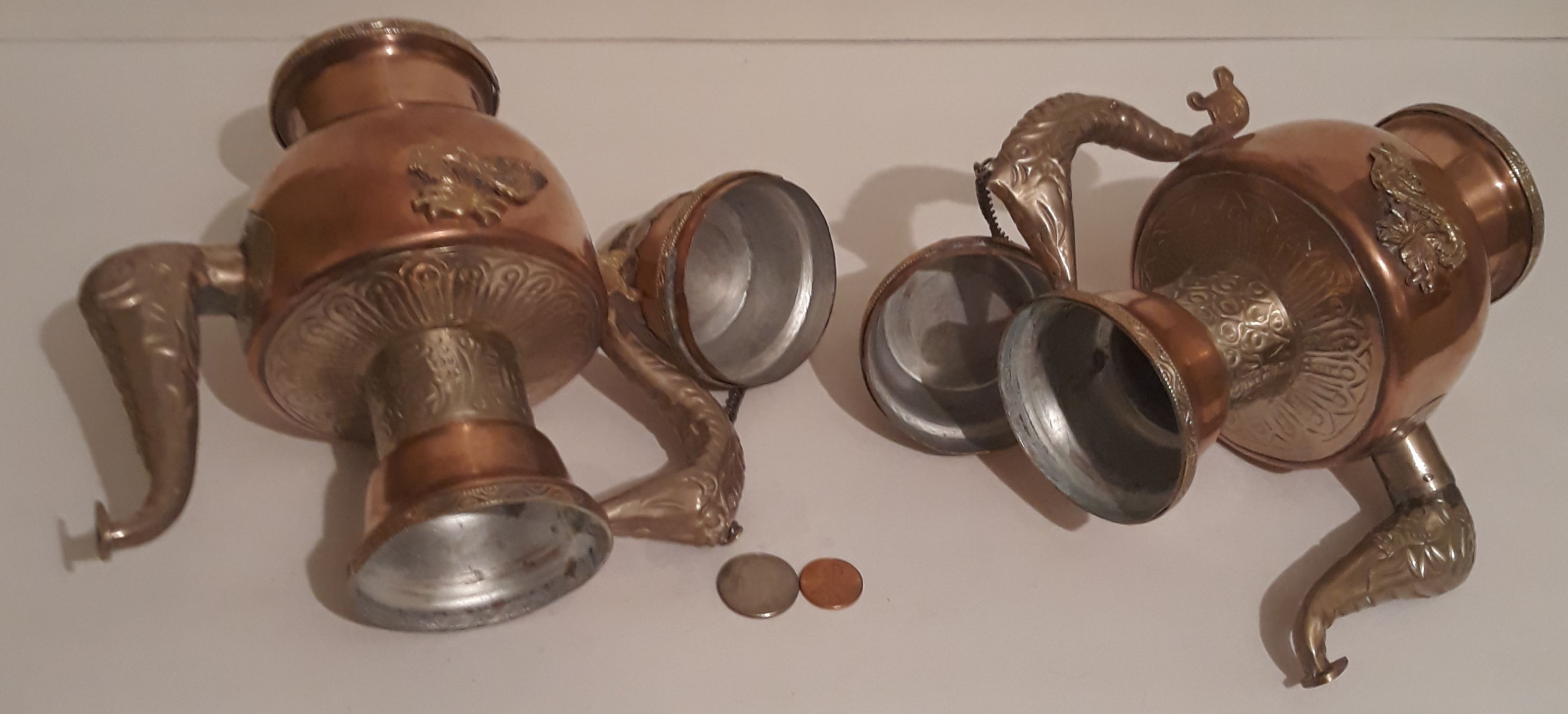 Vintage Set of 2 Metal Copper, Brass and Silver Tea Pots Set, 10" Tall, Dragons, Kitchen Decor, Table Decor, Shelf Display