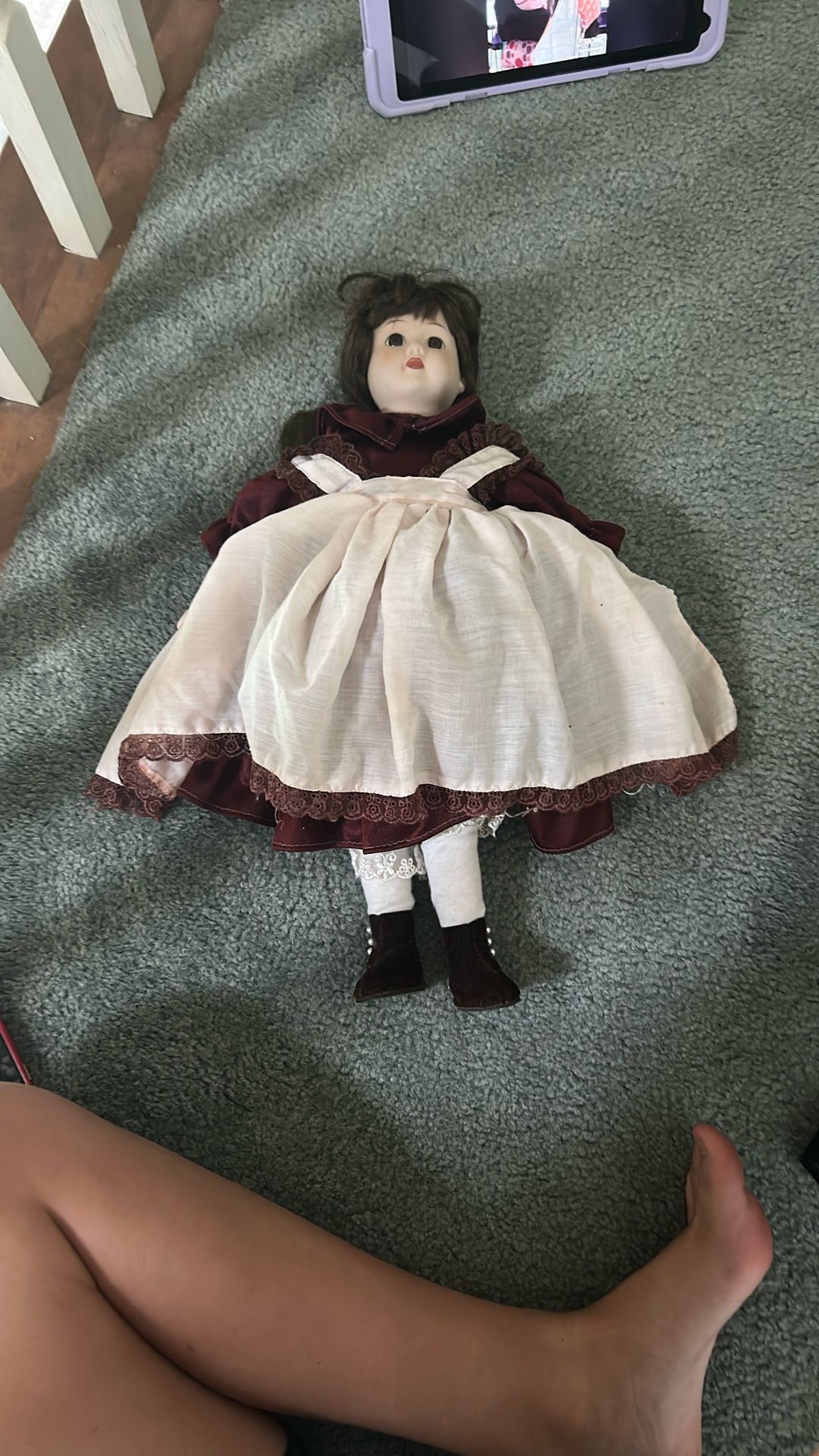 Antique Porcelain Doll With Red Outfit