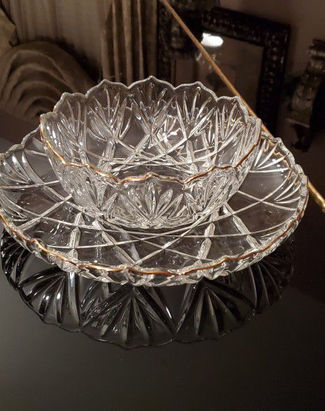 Beautiful German Mikasa Crystal Serving Platter & Serving Bowl With Scalloped Gold Rim! Great For The Holidays! (+ S & H)