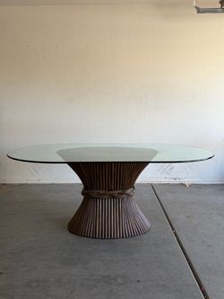 Rattan Pedestal Dining Table with Oval Glass Top