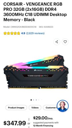 CORSAIR - VENGEANCE RGB PRO 32GB (2x16GB) DDR4 3600MHz C18 UDIMM Desktop Memory - Black