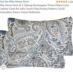 Mika Home Pack of 2 Oblong Rectangular Throw Pillow Cover Cushion Cases for Sofa Couch Chair,Paisley Pattern,12x20 Inches,Blue Brown Cream Multicolor