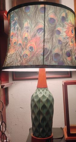 Ceramic Table Lamp with Peacock Feather Shade