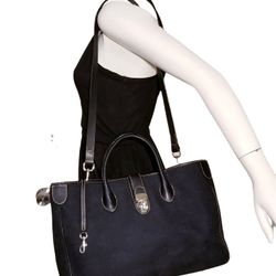 DOONEY & BOURKE BLACK LEATHER CANVAS MONOGRAMMED LOGO STATCHEL DOCTOR BAG

