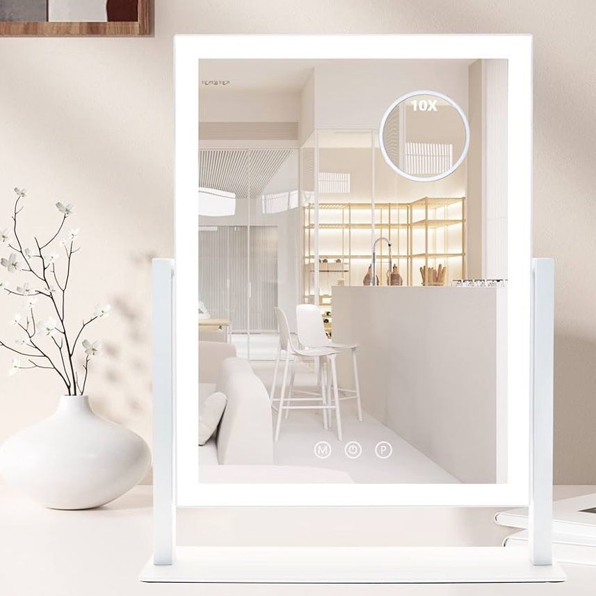 Lighted Makeup Mirror, Hollywood Vanity Mirror with Lights and Detachable 10X Magnification Mirror, 3 Color Lights, 1000mAh Rechargeable Makeup Mirror