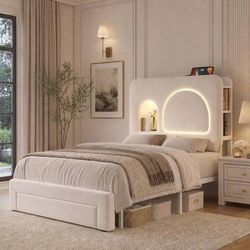 Twin Size Bed Frame for Girls with Storage Headboard & Charging Station, Beige