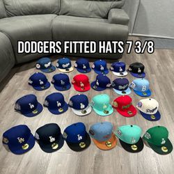 MLB New Era Los Angeles Dodgers Blue Patch Multi Colors 59fifty Fitted Hats Size 7 3/8