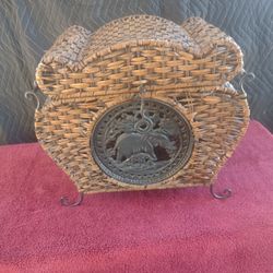 Vintage Wicker cane and wrought iron chest H:15" x W:17" x D:10"