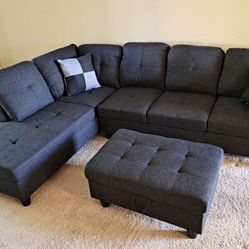 Charcoal Linen Sectional Couch And Ottoman
