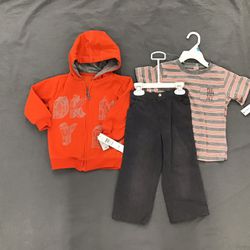 DKNY 3pc set orange jacket hoodie grey denim pants stripe top 24 months