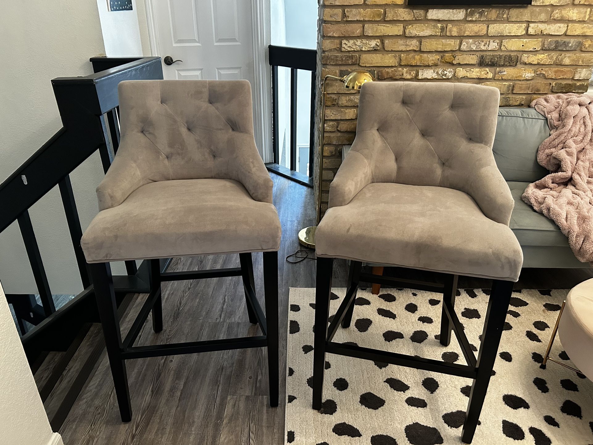 Velvet Bar Stools with Nailhead Trim and Wood Legs Set of 2